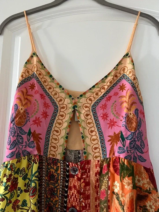 🩷💫FARM RIO DRESS💚✨🩵 Multicolor Patchwork Midi Dress with Spaghetti Straps💛 - Picture 6 of 12